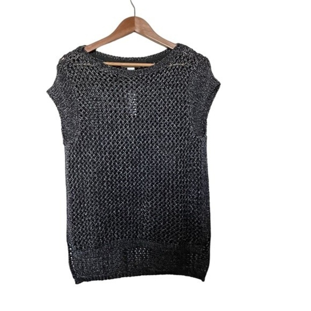 NWT WHBM White House Black Market Open Weave Pullover Sweater. Black & Silver.